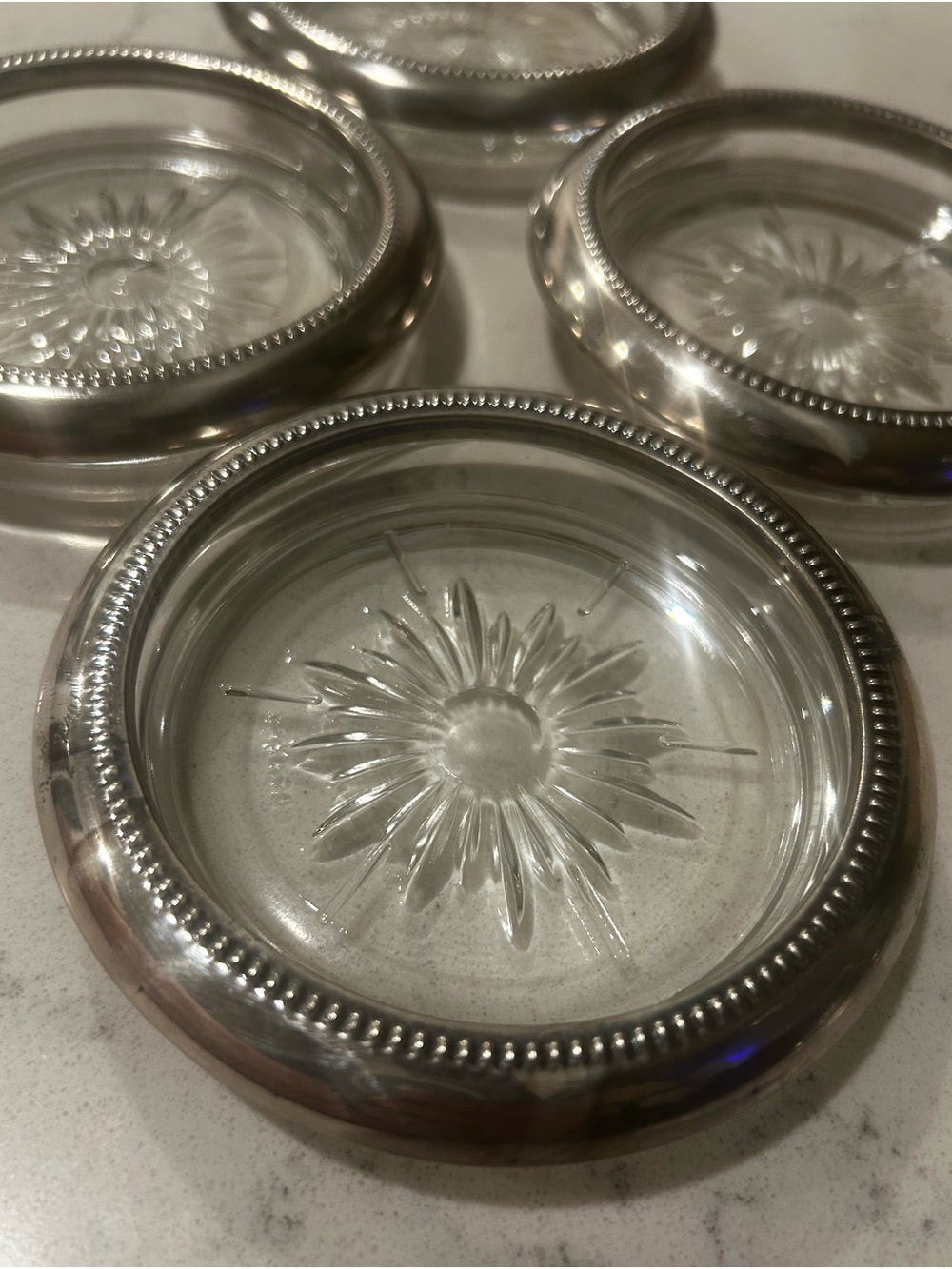 Vintage Leonard Italy Silverplate And Crystal Coasters; Set Of 4 Preowned